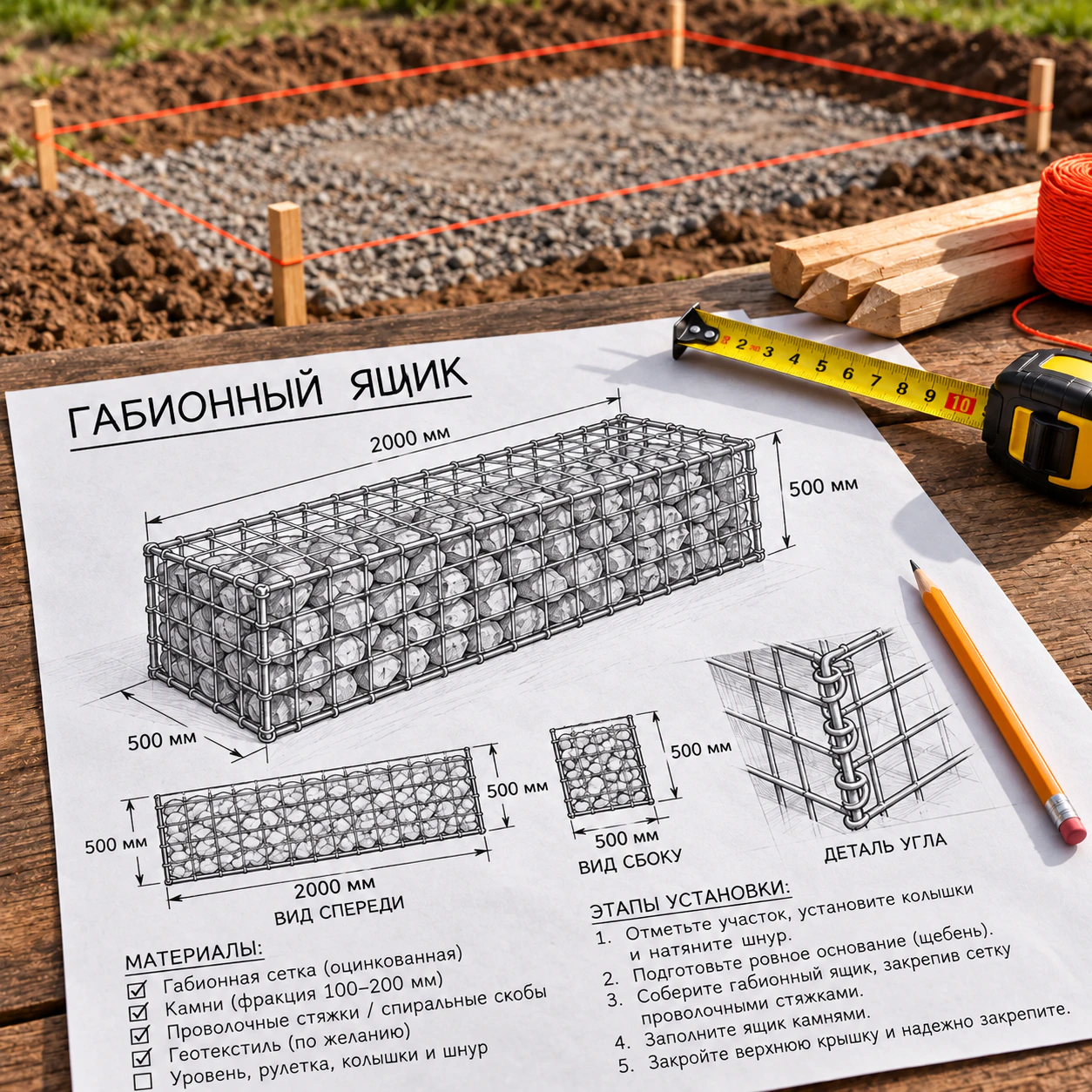 Чертёж габиона с размерами и разметка участка под установку